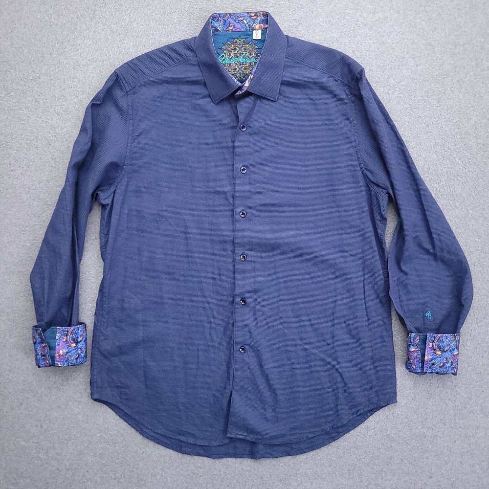Robert Graham Button Up Shirt Mens Large Classic Fit Blue Stripe Flip Cuff Blue